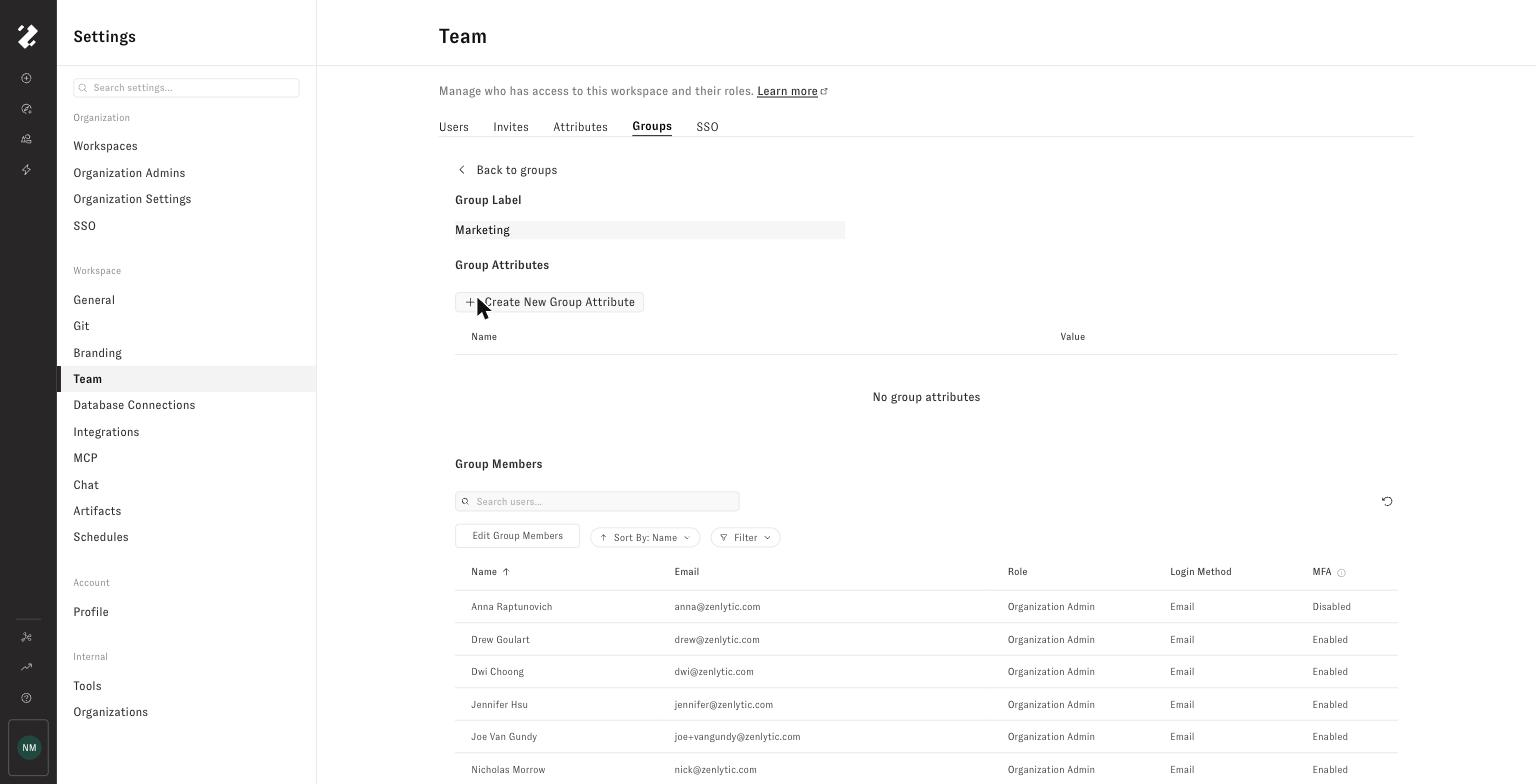 Group detail page showing group attributes and group members for the Marketing group