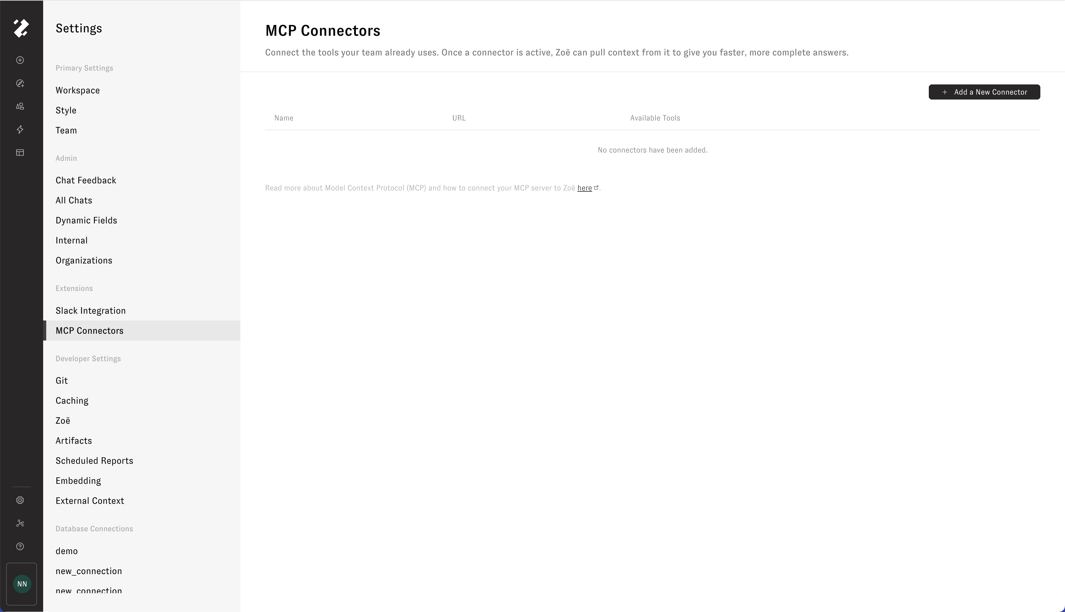 MCP Connectors page with no MCPs added yet