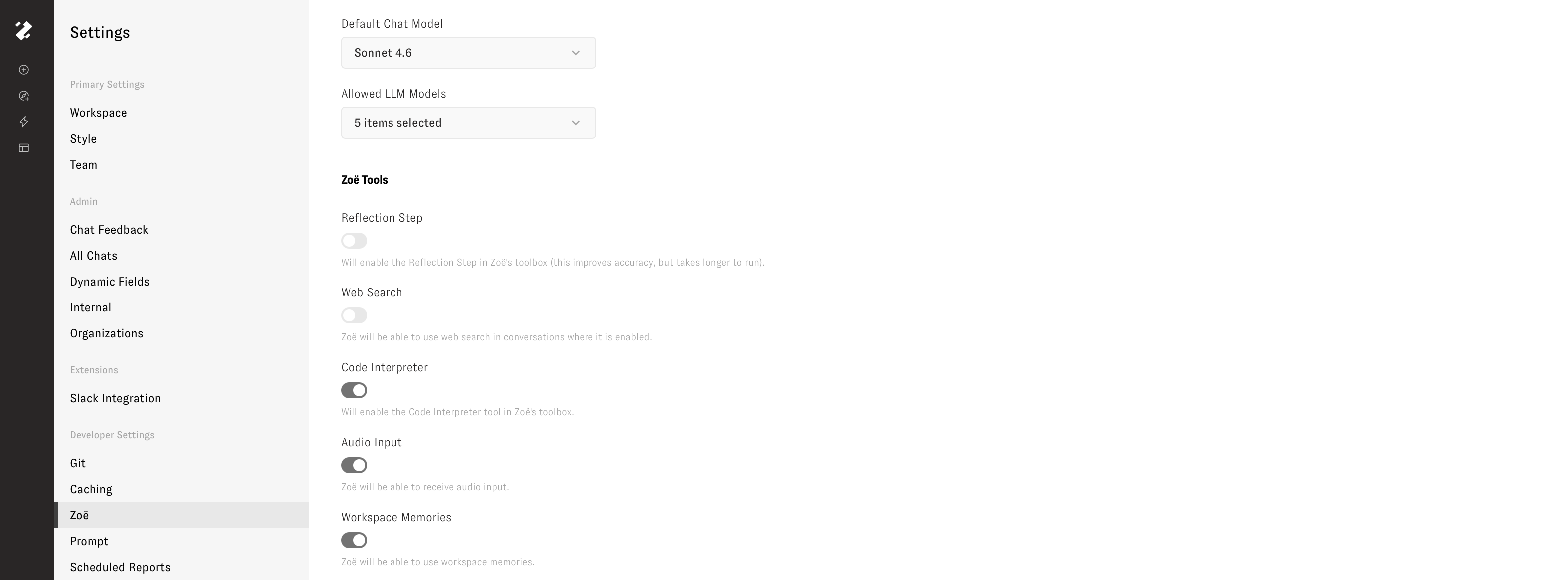 Enabling Web Search in the Zoë workspace settings