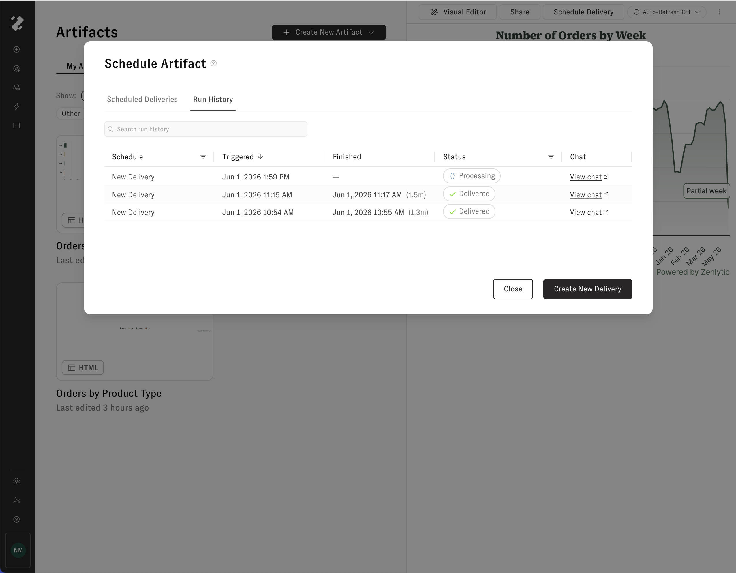 Run History tab in the Schedule Artifact modal, listing past delivery runs with their triggered time, finished time, status, and a link to the originating chat